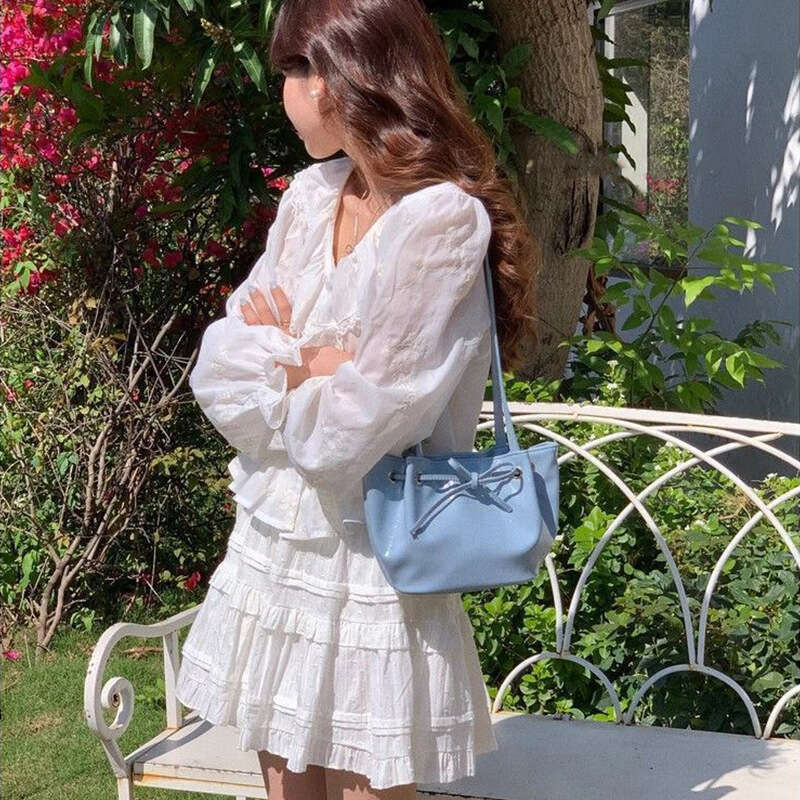 Sweet Girl Women 2025 Spring Summer New Korean Style Bow Oil Wax Drawstring Bucket Single Shoulder Underarm Small Bag