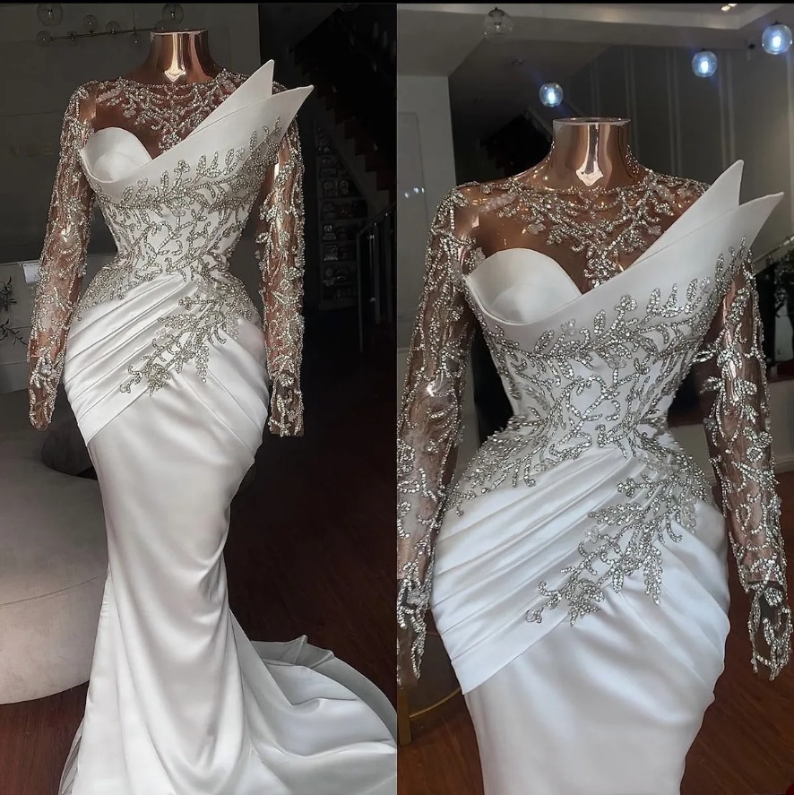 Fashion Sirène Robes de mariée Designer Opliques OPLICES SATIN PLAIS SHEEVES ILLUSION COURT ROBLE CUSTOM MADE MADE PLUS TAILLE VERBOUR BRIDAL VOS