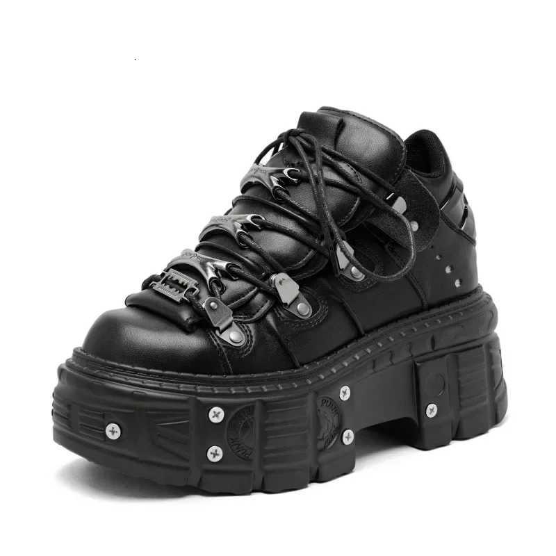 Punk Style Women Black Shoes Rock Metal Decor Laceup Heel Height Platform Shoes Gothic Man Sneakers Women Ankle Boots New W250922