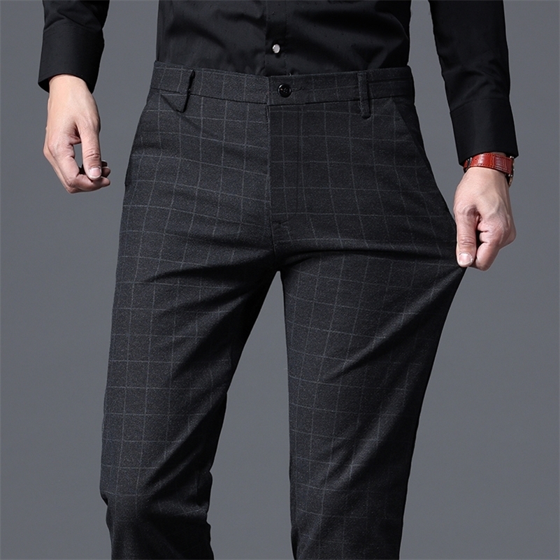 Autumn Mens Slim Plaid Casual Pants Fashion Soft Stretch Business Work Trousers Gentleman Clothes Black Blue 250920