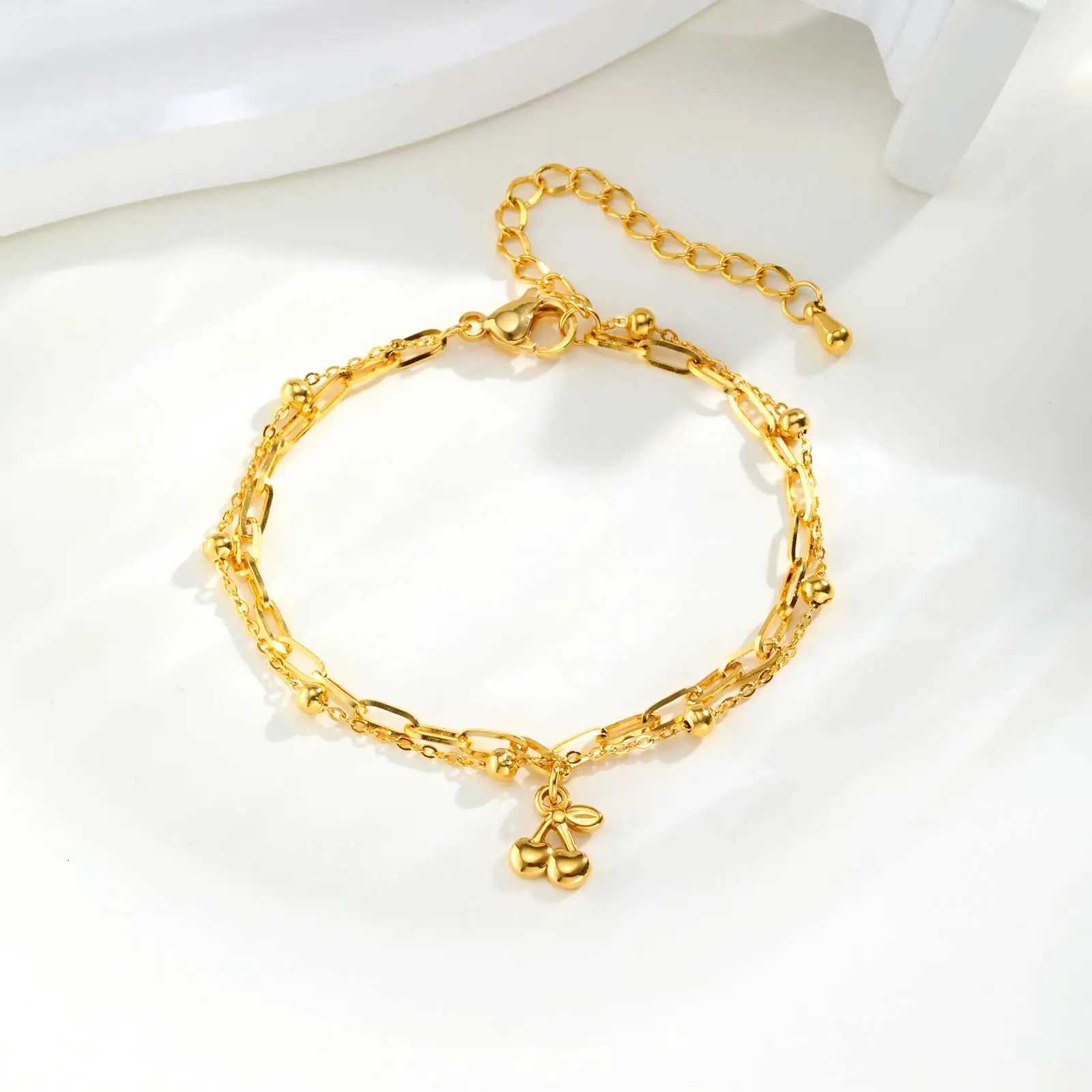 Dainty Double Layer ry Charm Wen Bracelet Gold Color Stainless Steel Wrist Chain Bracelet Waterproof Trendy Jewelry X250922
