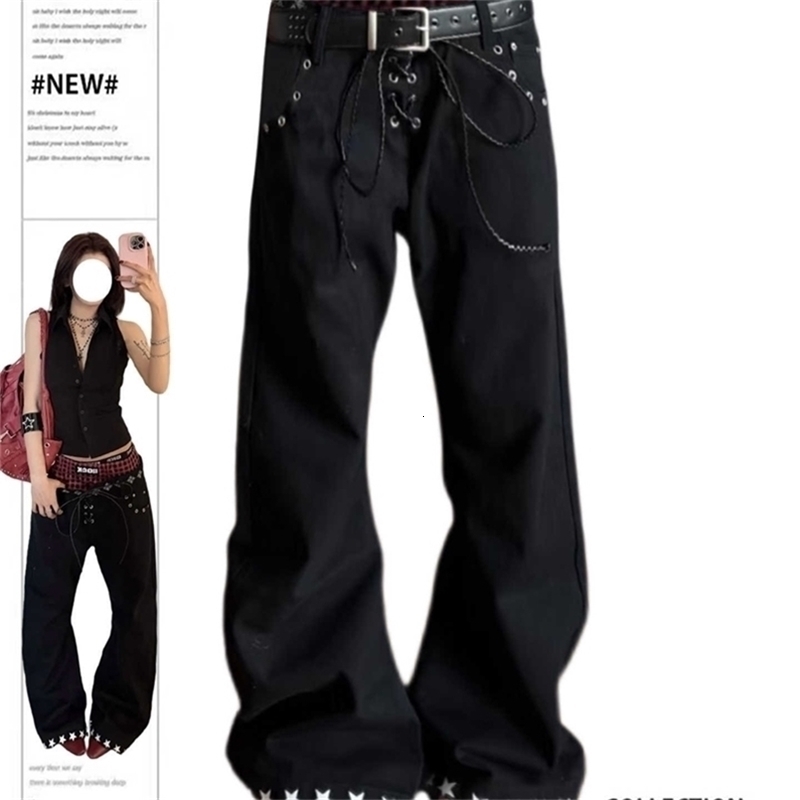 Women Black Gothic Baggy Y2k Emo Jeans Japanese 2000s Style Oversize Patchwork Jean Pants Vintage Harajuku Denim Trousers Autumn 250920CJ