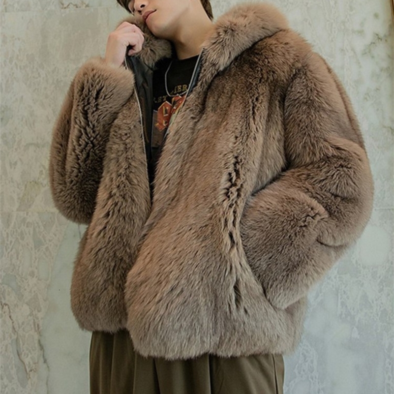 Zipper Hooded Warm Fluffy Jacket Fashion Thicken Faux Fur Jacket For Man Winter Mens Long Sleeved Artificial Fur Coat 250920