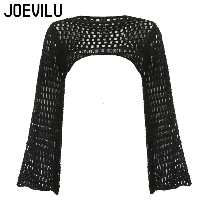 Summer Crochet Knit Hollow Out Crop-top Femmes Y2k Shirts de chemisiers sexy à manches longues à manches évasées couverture de street