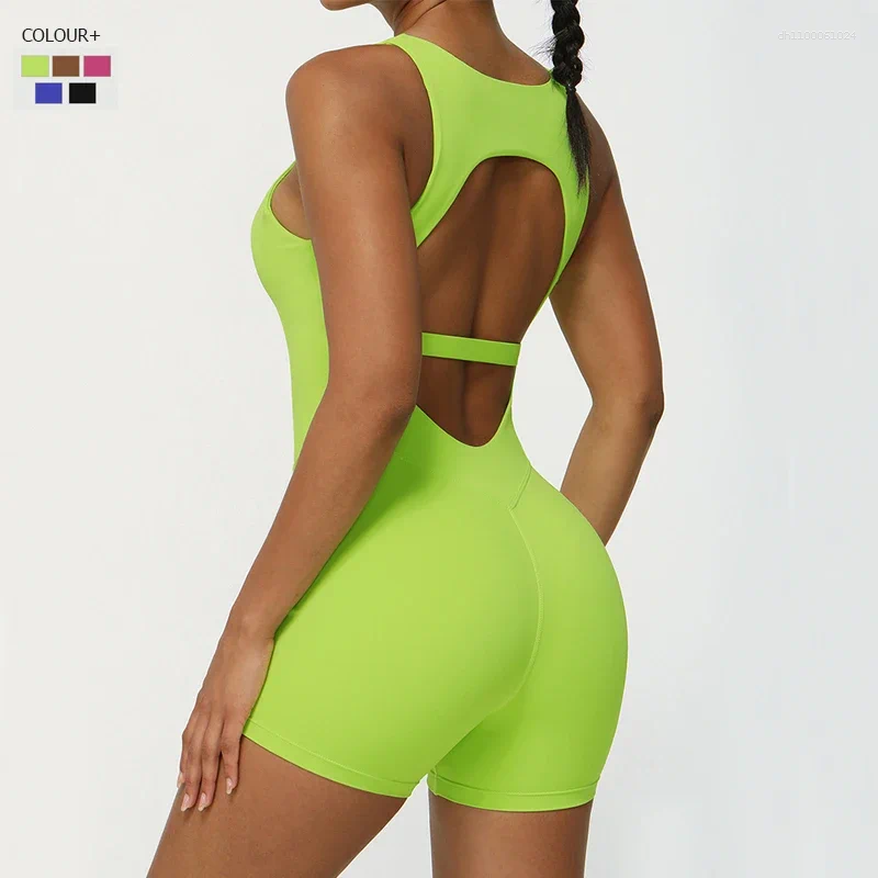 Active Sets One Piece Fitness Yoga Set Women Slim Fit Gym Running Jumpsuit Solid Color Breathable Quick Dry Short Sportswear Workout Clothes