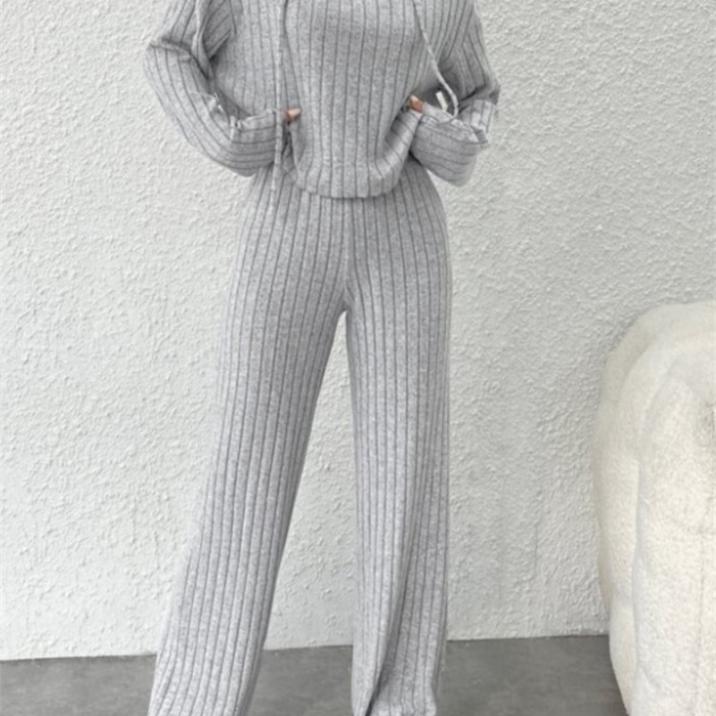 Spring Autumn Womens Solid Color Casual Knitted Striped Hooded Sweatshirt Loose Long Sleeved Long Pants Twopiece Set 250920