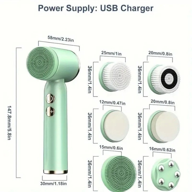 6 In 1 Ultrasonic Electric Face Cleansing Brush Pore Cleaner Blackhead Removal Exfoliating Massager Compress Therapy Skin Care Beauty Device USB