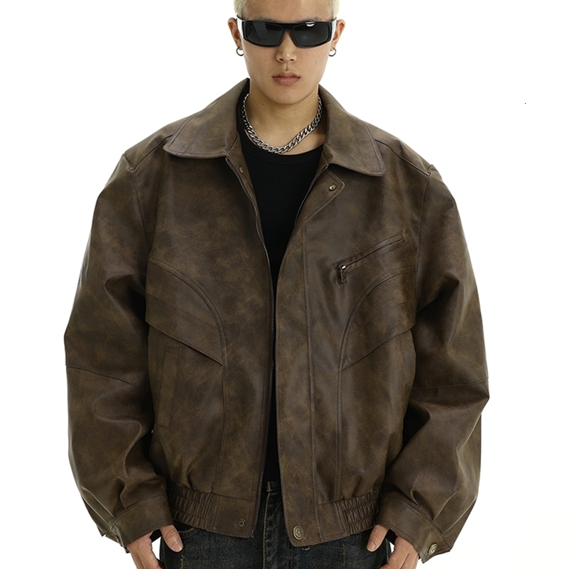 Mauroicardi Spring Cool Handsome Retro Distressed Brown Pu Leather jacket Men Zipper er American Vintage Clothes 250920