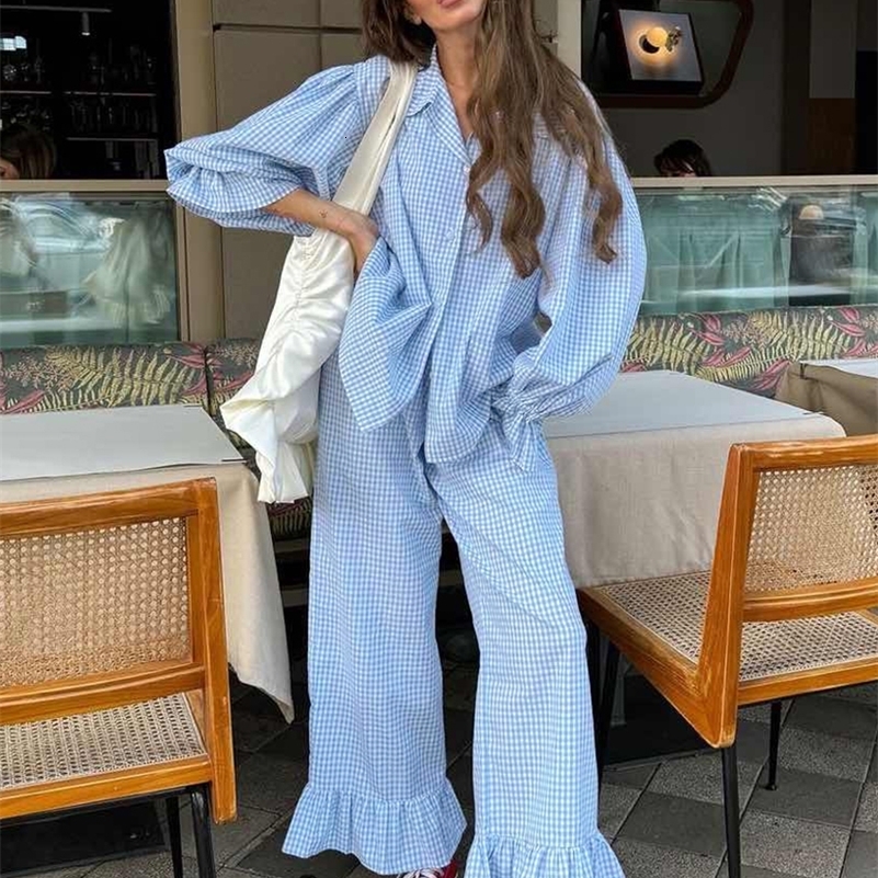 Clacive Fashion Loose Plaid Cotton Womens 3 Pieces Set 2025 Elegant Long Sleeve Shirt With High Wiast Wide Pants Set Female 250920