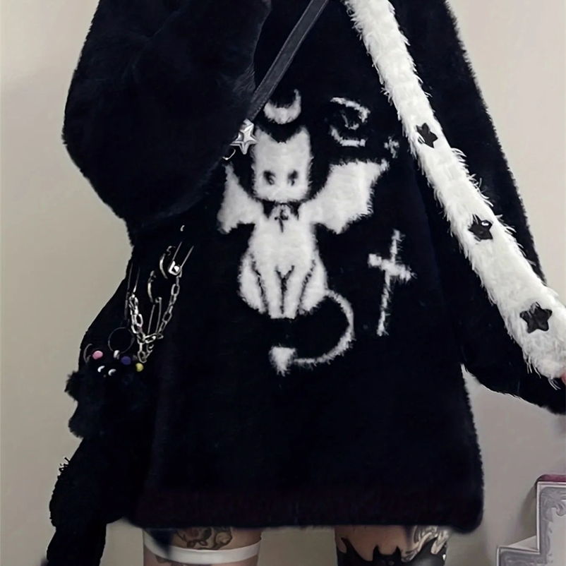 Harajuku Gothic Casual Oversized Knitted Jumpers Grunge Cartoon Sweater Fashion Knitwear Y2k Aesthetic Balack Loose Pullover y250920