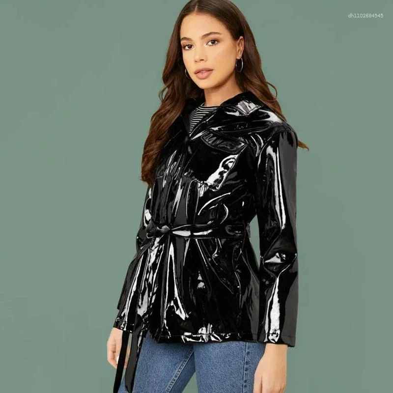 Women's Jackets Women Shiny Long Sleeve Faux Leather Blazer Suit Ladies Black Patent Trench Coat With Belt PU Casual Jacket Custom