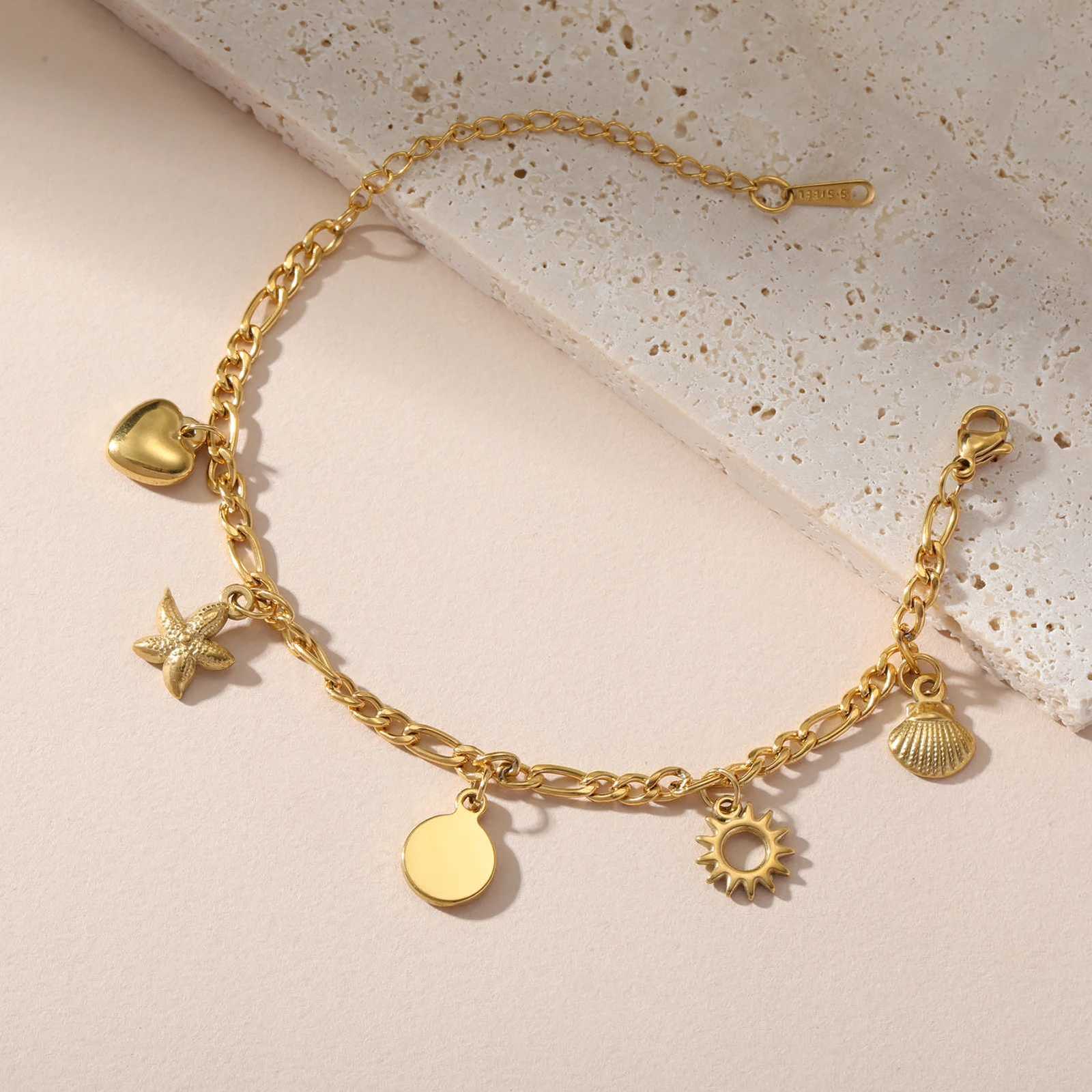Skyrim Starfish Shell Sun Charm Bracelet Wen Stainless Steel Gold Color Double Layer Chain Bracelets Beach Jewelry Gift X250922