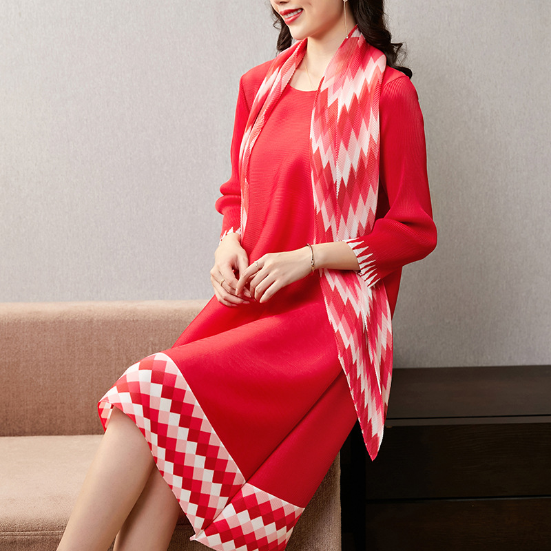 (506) Robe Jupe A-Line Spring and Automne Pleeded Niche Loose grande taille avec écharpe 2 pièces