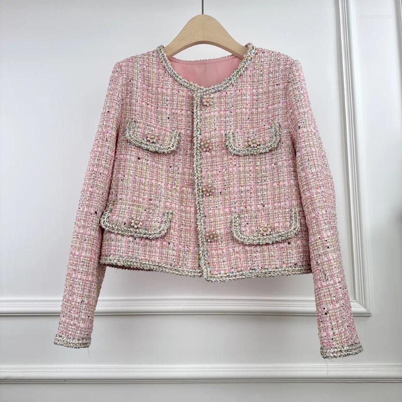 Women's Jackets Women French Small Fragrance Pink Plaid Luxury Jacket Round Neck Fashion Sweet Casual Wild Office Lady Tweed Coat