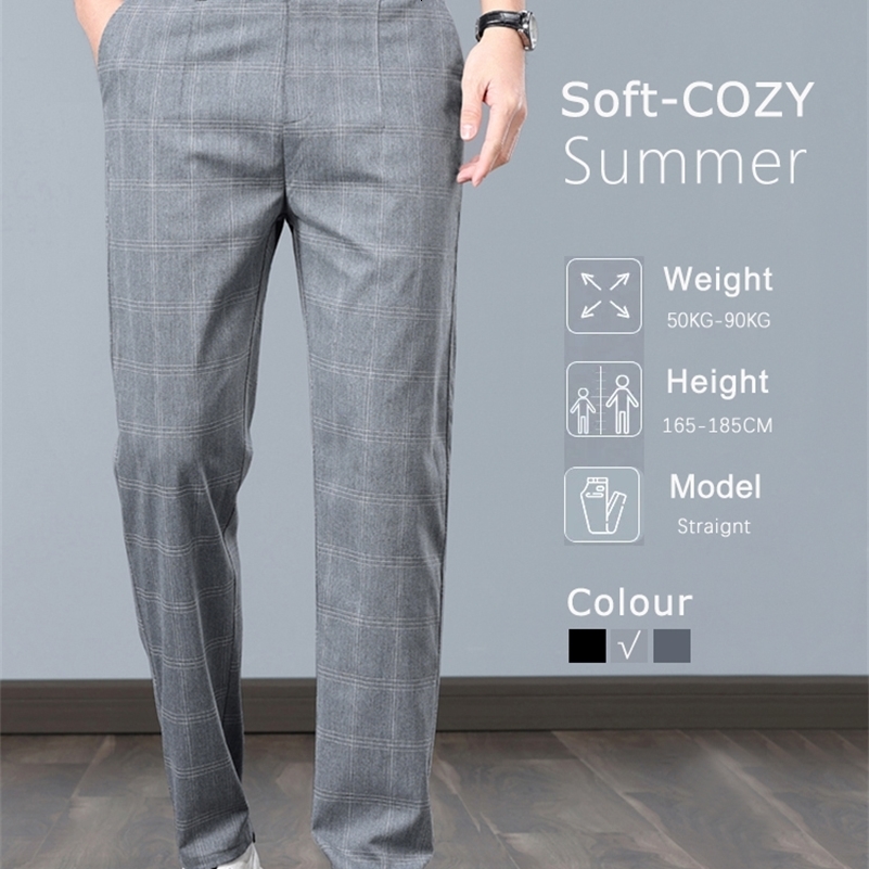 Summer Thin Plaid Formal Stretch Pants Men Slim Business Grey Black Casual Pant Fashion Male Clothing England Trousers 250920