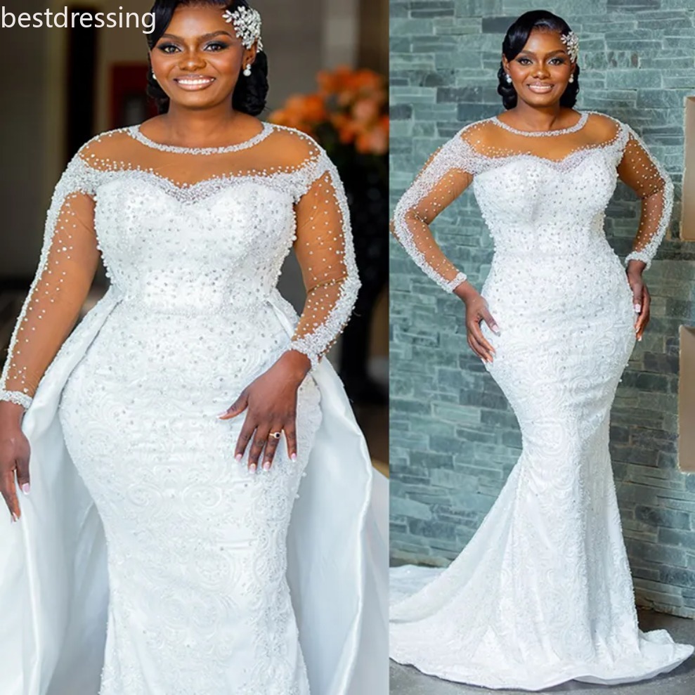 2025 Plus Size African Mermaid Wedding Dress Detachable Train Bridal Gowns For Bride Illusion Sheer Neck Long Sleeves Beaded Lace Wedding Gowns For