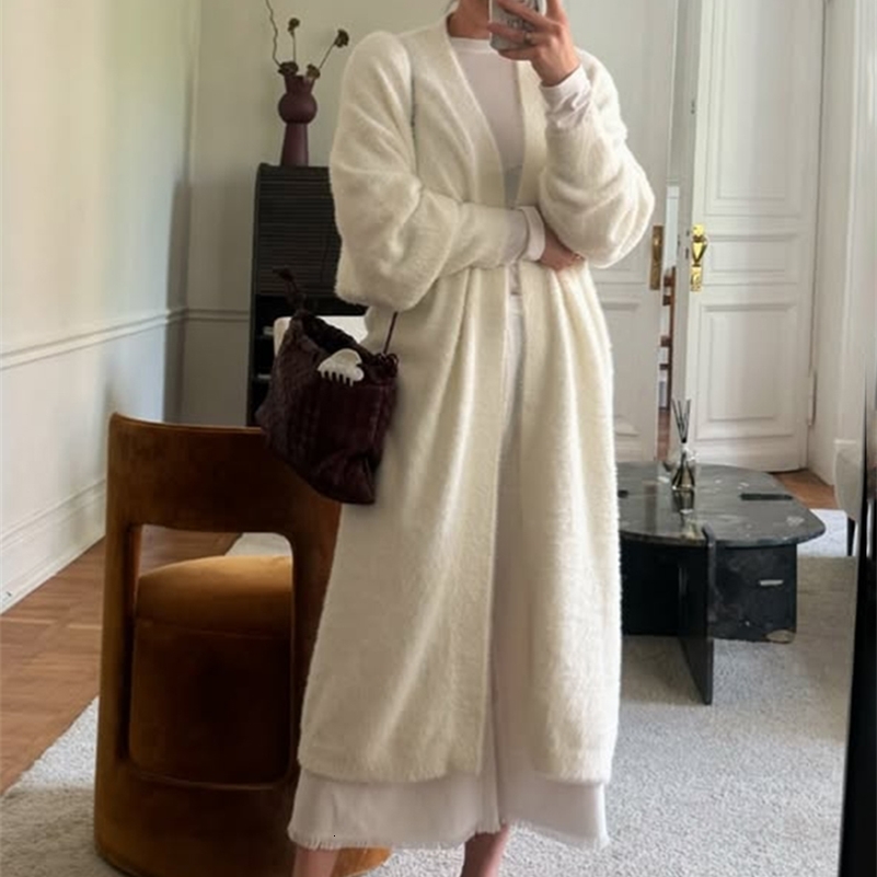 Talenza Vintage Solid Long Sleeve Cardigan Women Fluffy Warm Female Long Knitted Cardigan Autumn White Oversize Sweater Female 250920