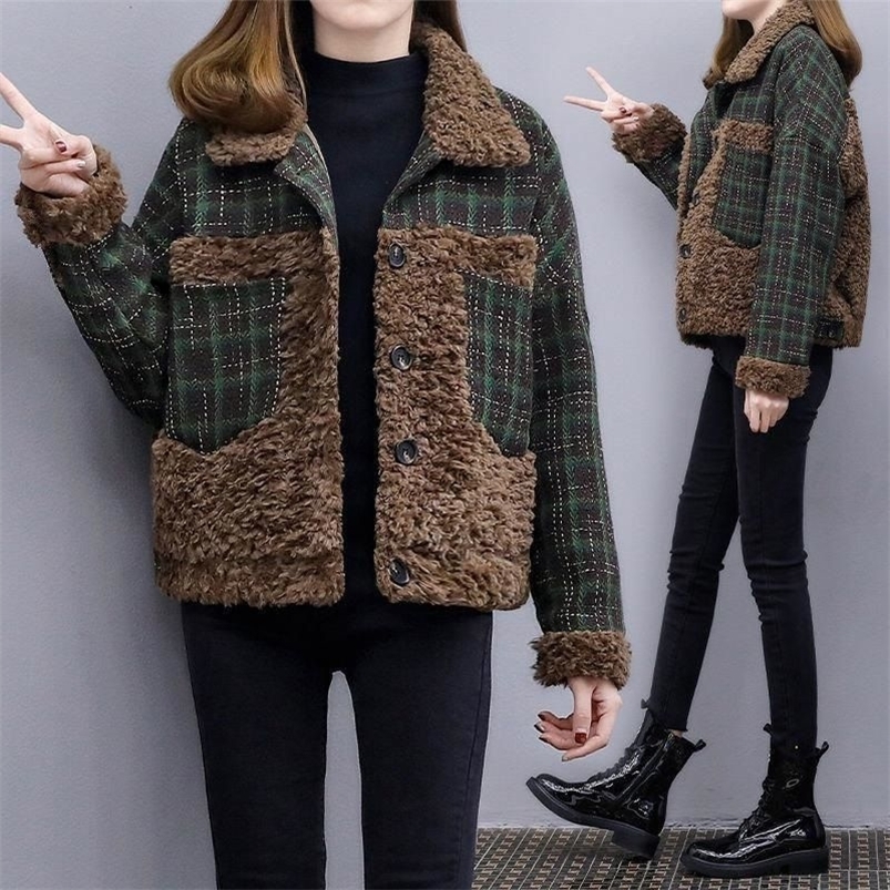 Fleece Jacket Female Fluffy Cold Heavy Plaid Very Warm Clothing Trend Parkas Short Padded Crop Winter Woolen Coat for Women 250922