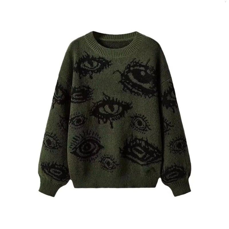 Y2k Streetwear Womens Grunge Punk Eye Print Long Sleeve Drop Shoulder Warm Sweaters Top Fall Or Winter 250920