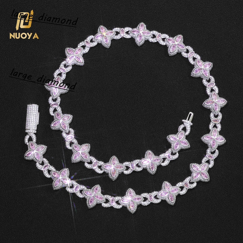 Fine Jewelry Silver Plated Cuban Link Chain Colorful Eye Marquise Moissanite Iced Out Diamond FourLeaf Clover Chain Necklace