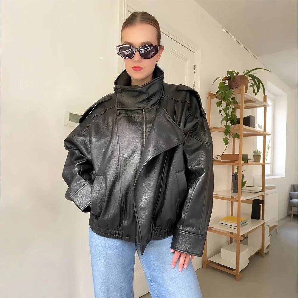 Vestes en cuir zip asymétrique noire femme Y2k Vintage Bomber à manches longues nouveaux dans la tendance manteau d'hiver.