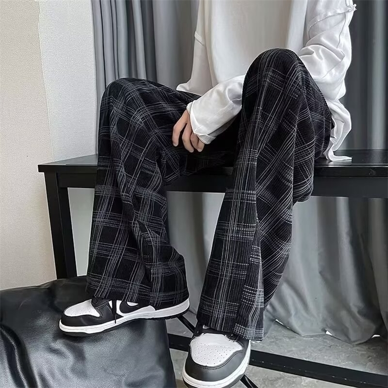 Checkered pants mens spring and autumn plus fat plus size trendy loose Korean version versatile wide leg casual pants spor 250920
