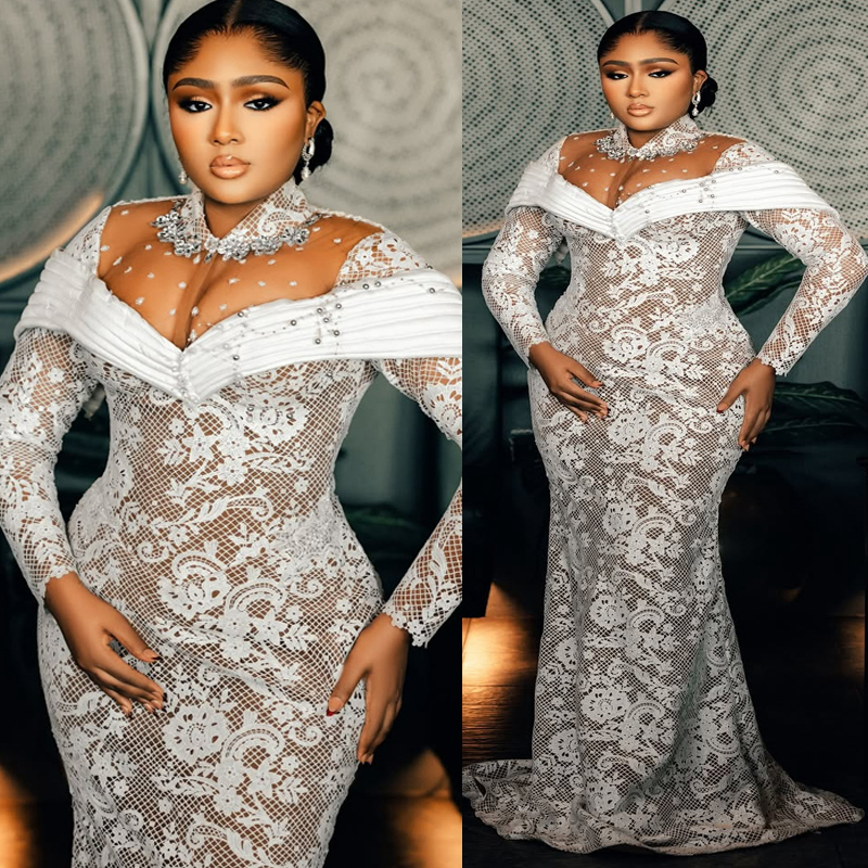 2025 Plus taille robe de mariée africaine robes nuptiales pour la mariée sirène illusion haut cou appliquée en dentelle perlée