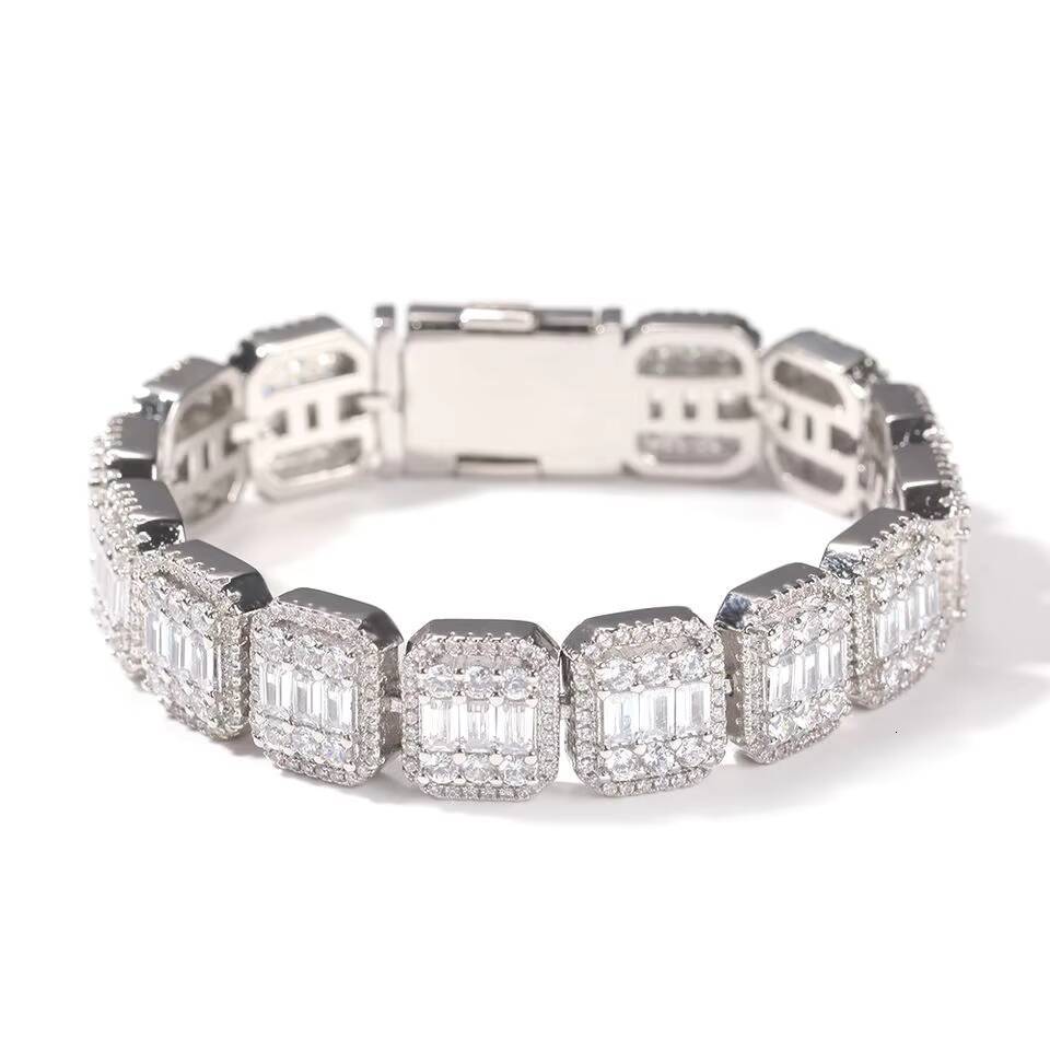 Hip Hop 13mm Square Tennis Bracelet 18K Gold Plated Brass Baguette Pink CZ Bracelet Iced Out Rapper Jewelry