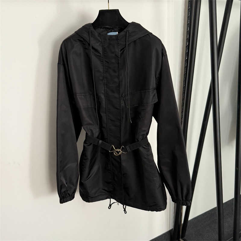 Triangular logo designer trench coat women hooded pocket long-sleeved windbreaker top workwear-style with belt fashion classic outwear clothes