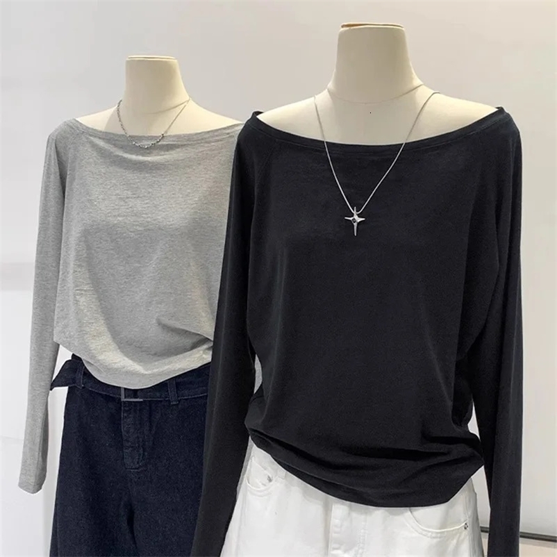 OffShoulder Cotton Long Sleeve TShirt Womens Loose Fit BlackT 2025 Spring AutumnWinter Style Inner Layer Top y250920