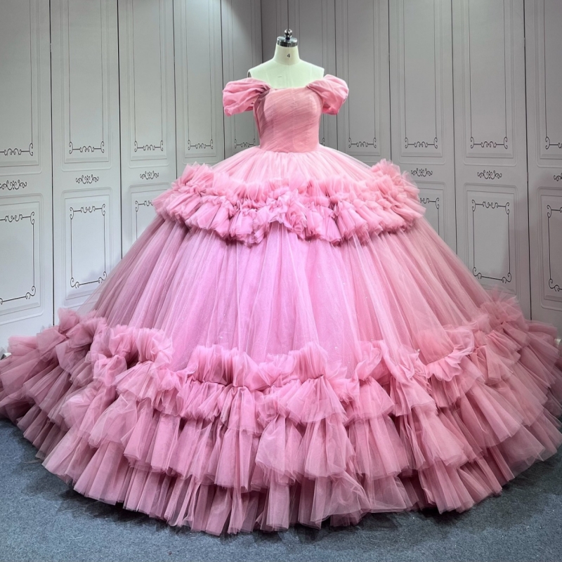 Pink Quinceanera Robes hors de l'épaule Tierred Tull Party Birthday Sweet 16 Robe Vestidos 15 de Anos