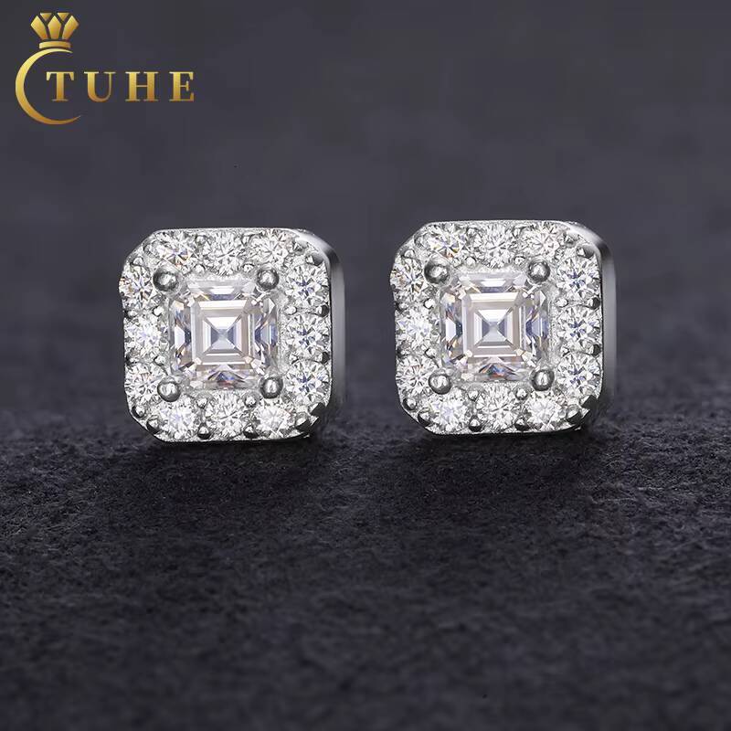 Asscher Cut 925 Sterling Silver Vvs Moissanite Square Stud Earrings Factory Wholesale White Gold Plated Rust Proof Ear Studs