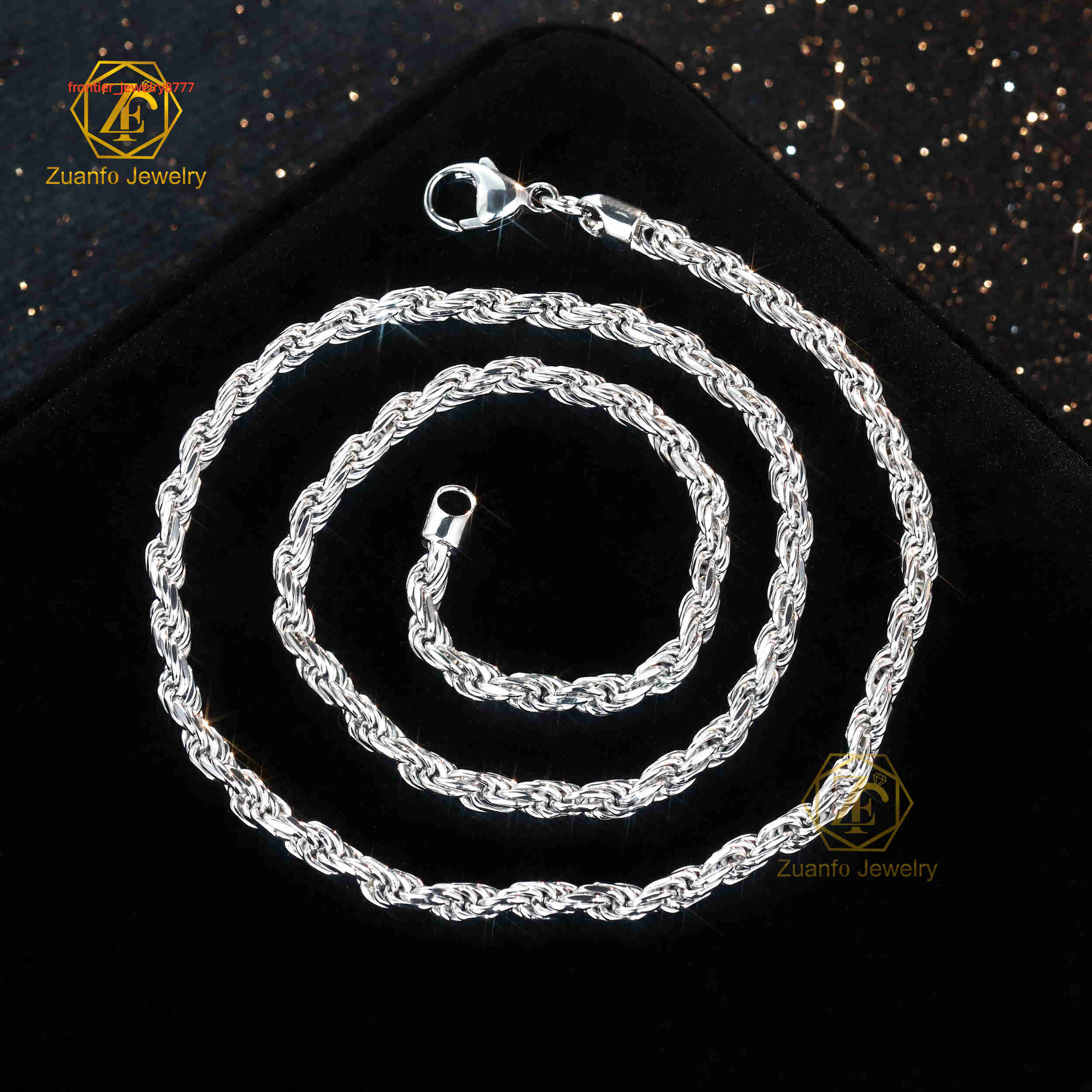 Mens Fashion 925 Sterling Silver Iced Out Hip Hop Necklace Solid Rhodium Gold Plated 3mm Rope Chain Gift