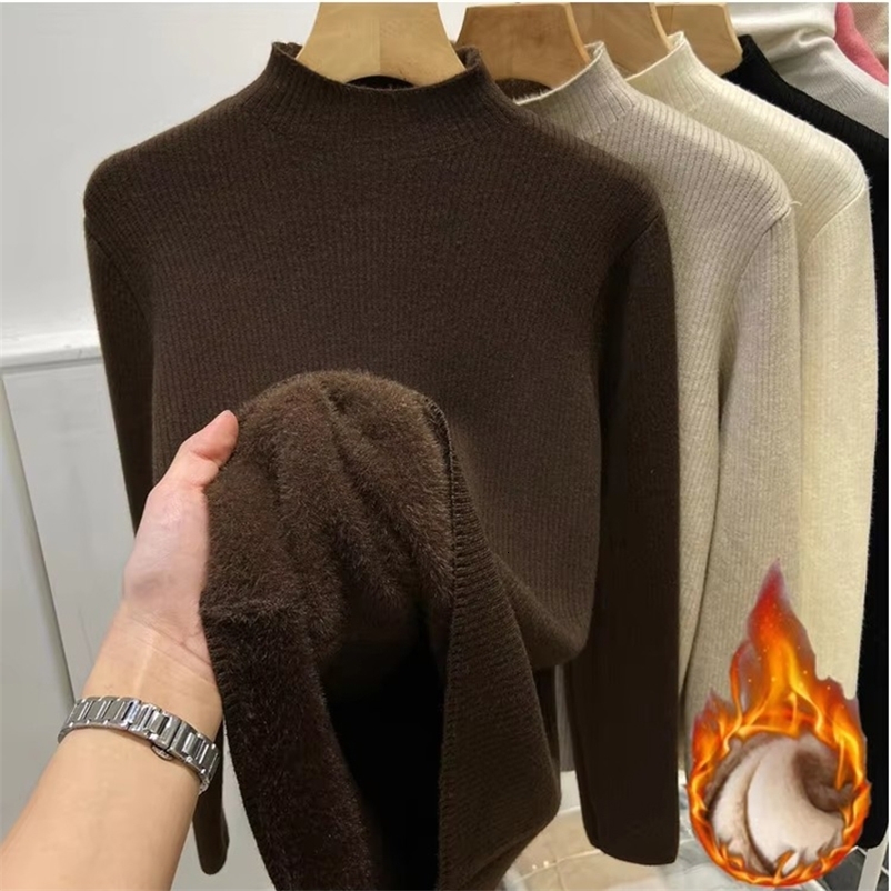 Pull d'hiver à col roulé Femmes élégantes épaissis en velours doublé de section chaude en tricot slim