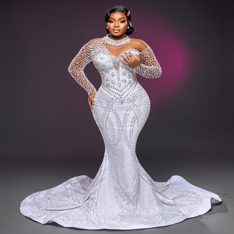2025 Plus taille robe de mariée africaine robes nuptiales pour la mariée sirène illusion haut cou appliquée