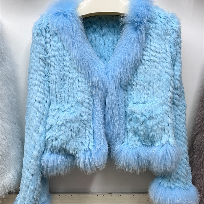 Natural Rabbit Fur Coats Knitted Womens Real Fox Fur Jackets Woman Clothing 250920