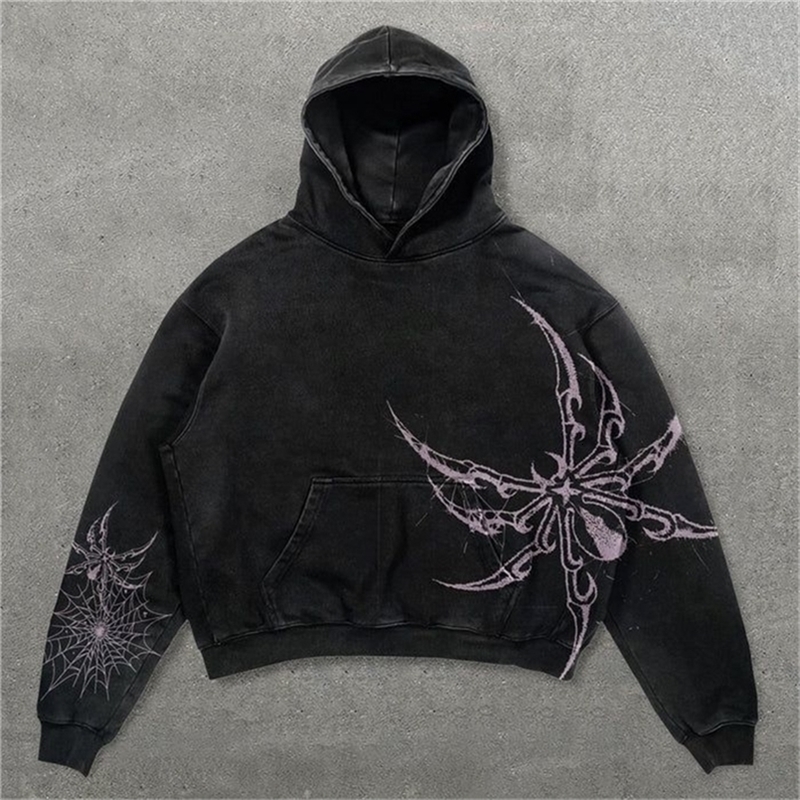 Y2K Black Washed Distressed Pullover Sweatshirt Men Women Harajuku Punk Spider Graphic Print Oversized Hoodie Gothic Clothing 250920CJ