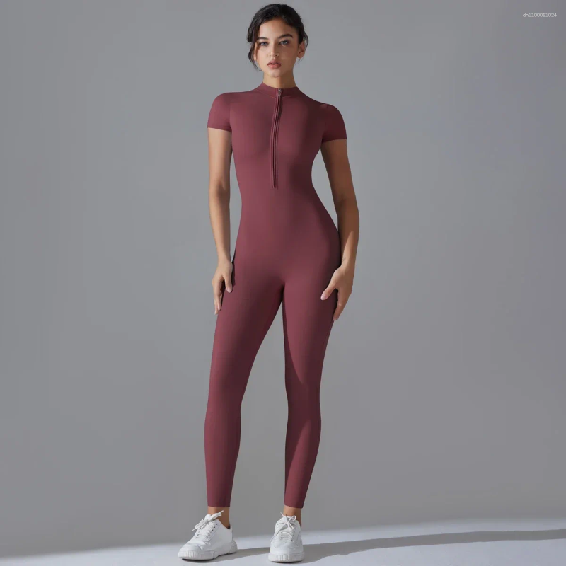Active Sets Yoga Set Women Zipper Short Sleeve One Piece Gym Suit Women's Sports Shapewear Solid Color Nylon Bodysuit