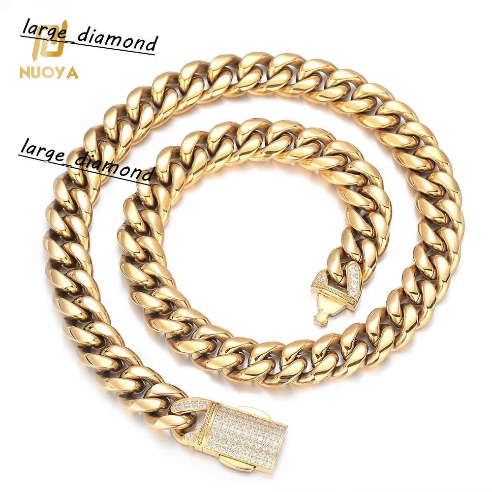 12mm HipHop Full Diamond Clasp Cuban Link Chain 18K Gold Plated Stainless Steel Miami Cuban Chain Necklace Men