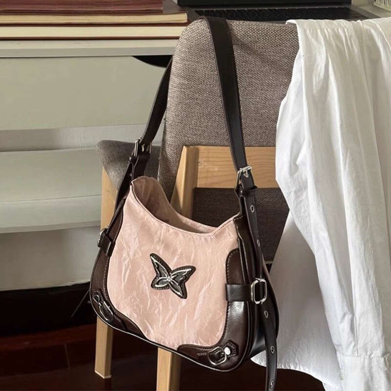 2025 New American Style Butterfly Single Shoulder Hot Girl Color-Block Rivet Motorcycle Underarm High-End Feel Bag for Women