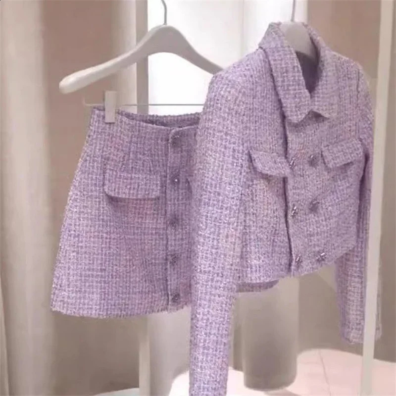 Femmes en tweed haut de gamme Deux pièces ensembles élégants revers doubles à poitrine mince à manteau court mini-jupe de mode 250920