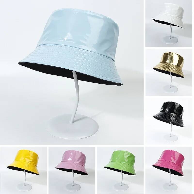 Fashion Shiny Hip-Hop Bucket for Women Men PU Leather Waterproof Panama Summer Fisherman Bob Sun Hat Fishing Cap ddmythur