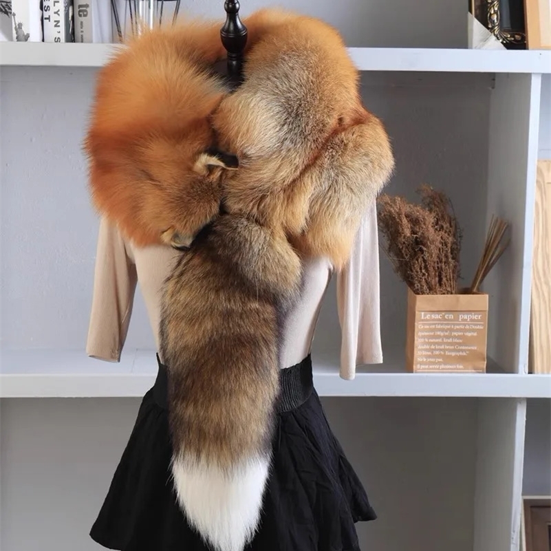 Party Real Fox Fur Scarves Natural OnePiece Fox Fur Collar Warm Soft Real Fox Fur Scarf Women Men Jackets Hood Shawl 250920