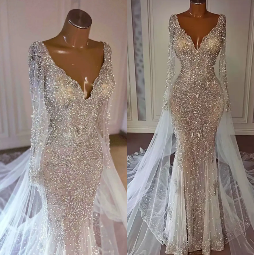 Robes de mariée de sirène de perles brillantes V couche à manches longues Bouches de mariée perles galloises dentelle en dentelle