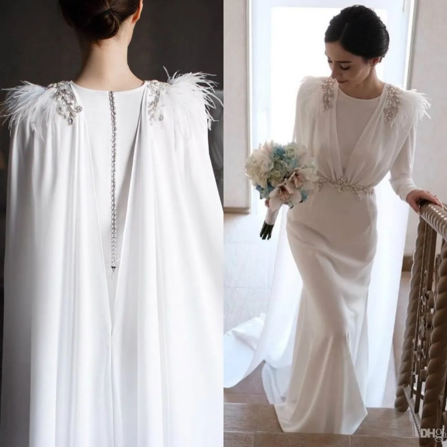 Vintage Country Style Wedding Dresses with Wraps Long Sleeves Crystal Feathers Beach Wedding Gowns Custom Made robes de mariee 0922