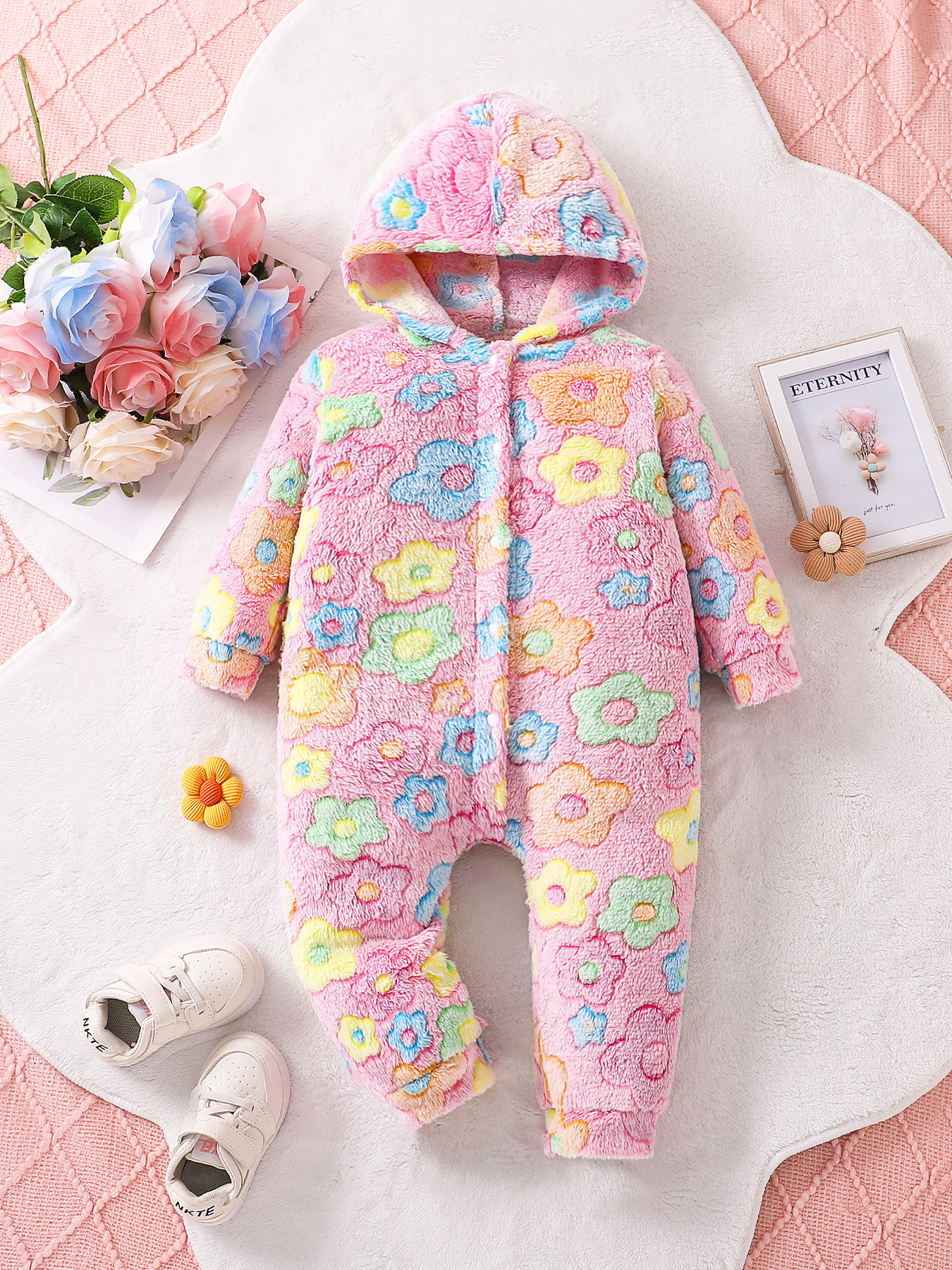 Baby Girl Floral Print Fuzzy Hooded Jumpsuit, Warm & Cute One - Piece Pajamas for Infants Thick autumn and winter pajamas-KJ3D4551A-image-1076239629