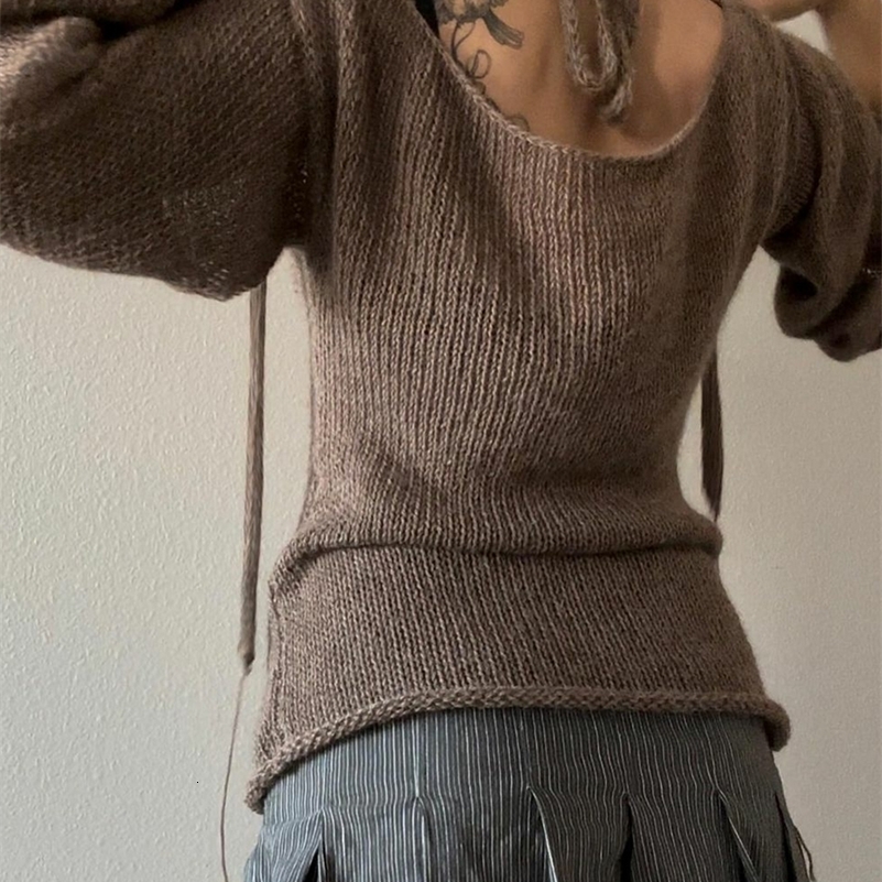 Fashion Womens T-shirt Tie Back Sweaters Long Sleeve Boat Neck Solid Color Knit Pullover Casual Tops Streetwear Y2k Summer Cami 250818