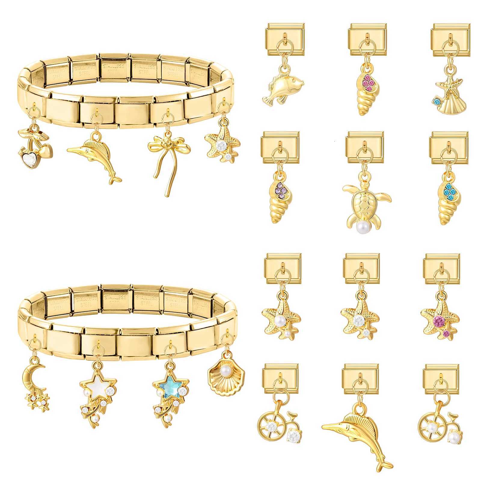 Zircon Starfish Dolphin ry Shell Bow Music Gold Color Pendant Italian Charm Link Fit 9MM Bracelet Stainless Steel DIY Making X250922