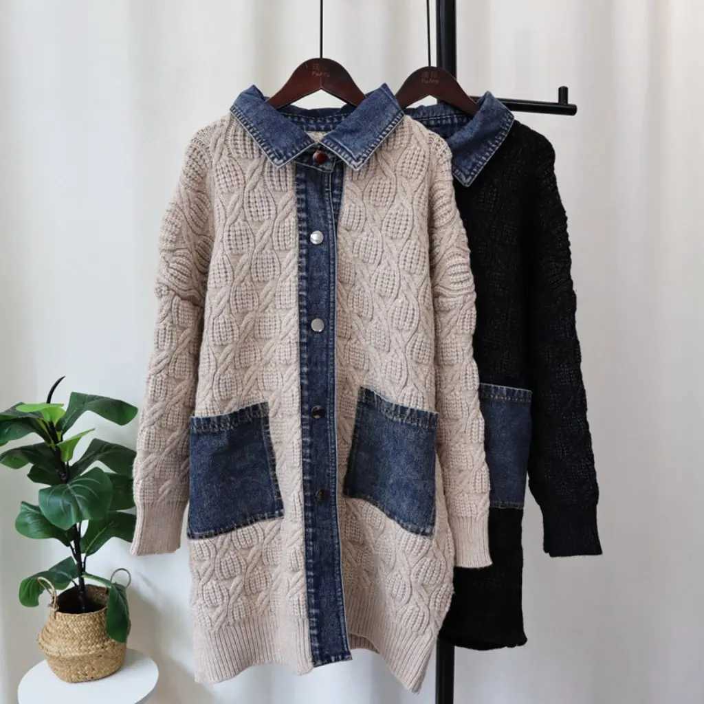 Womens Thick Ndle Sweater Cardigan Lazy Style Loose Stitching Denim Knitted Long Coat for Autumn Winter Korean Fashion L250921WH5H
