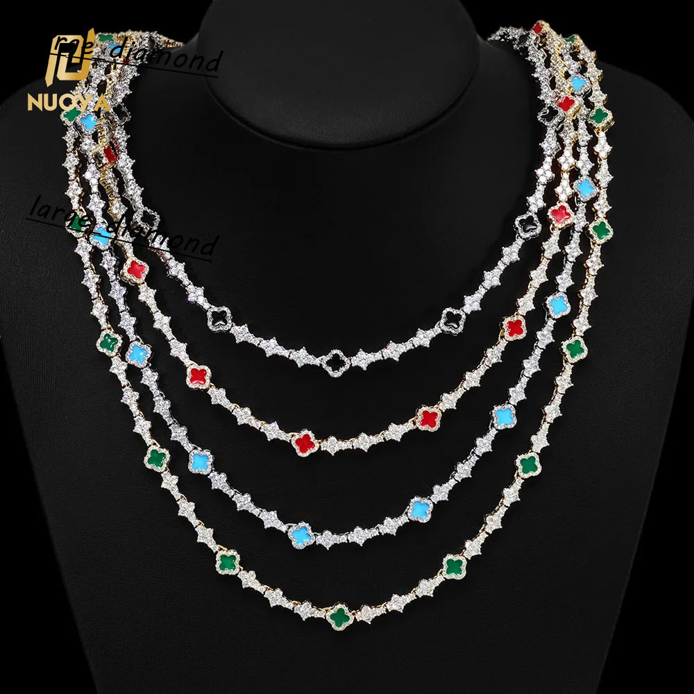 Hip Hop New Style Iced Out Four Leaf Clover Collier Silver Color 65 mm Moissanite Diamond Colorful Tennis Chain Bijoux pour les femmes